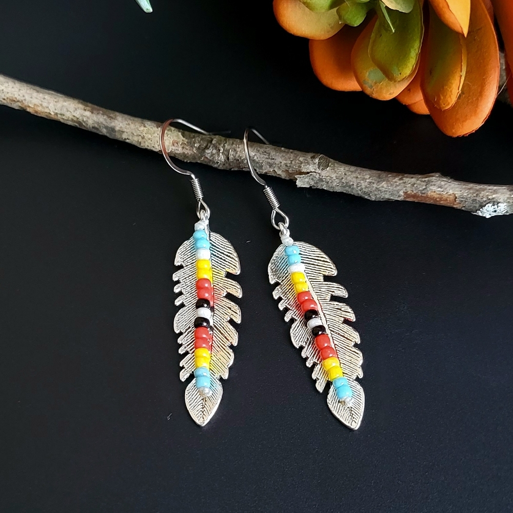 Handmade Tribal Boho Feather Earrings - Picture 3 of 3